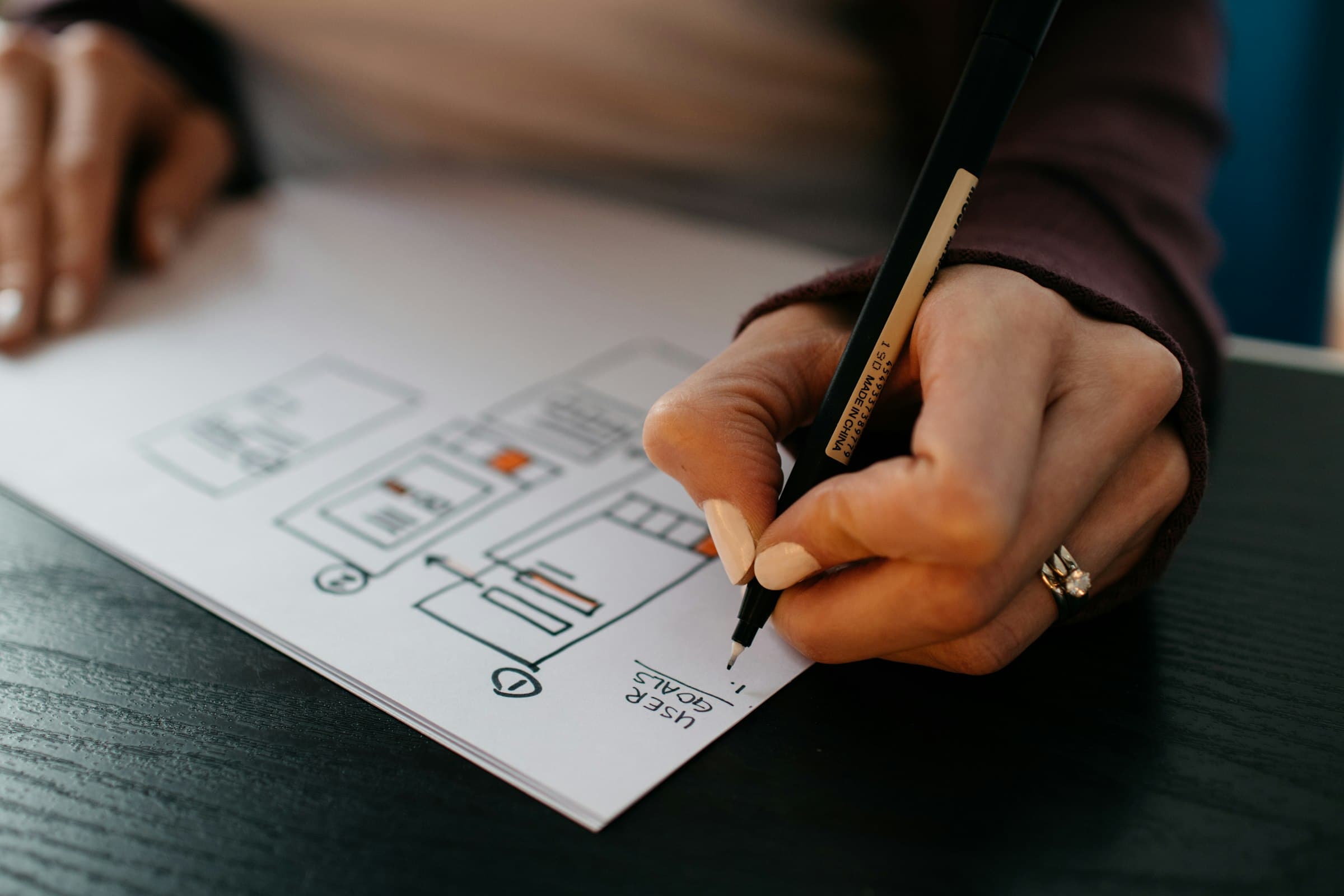 Website design mockups and wireframes on a desk